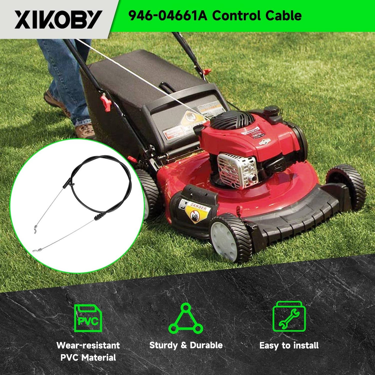 XIKOBY black control cable laid across a lawn mower with zip ties included