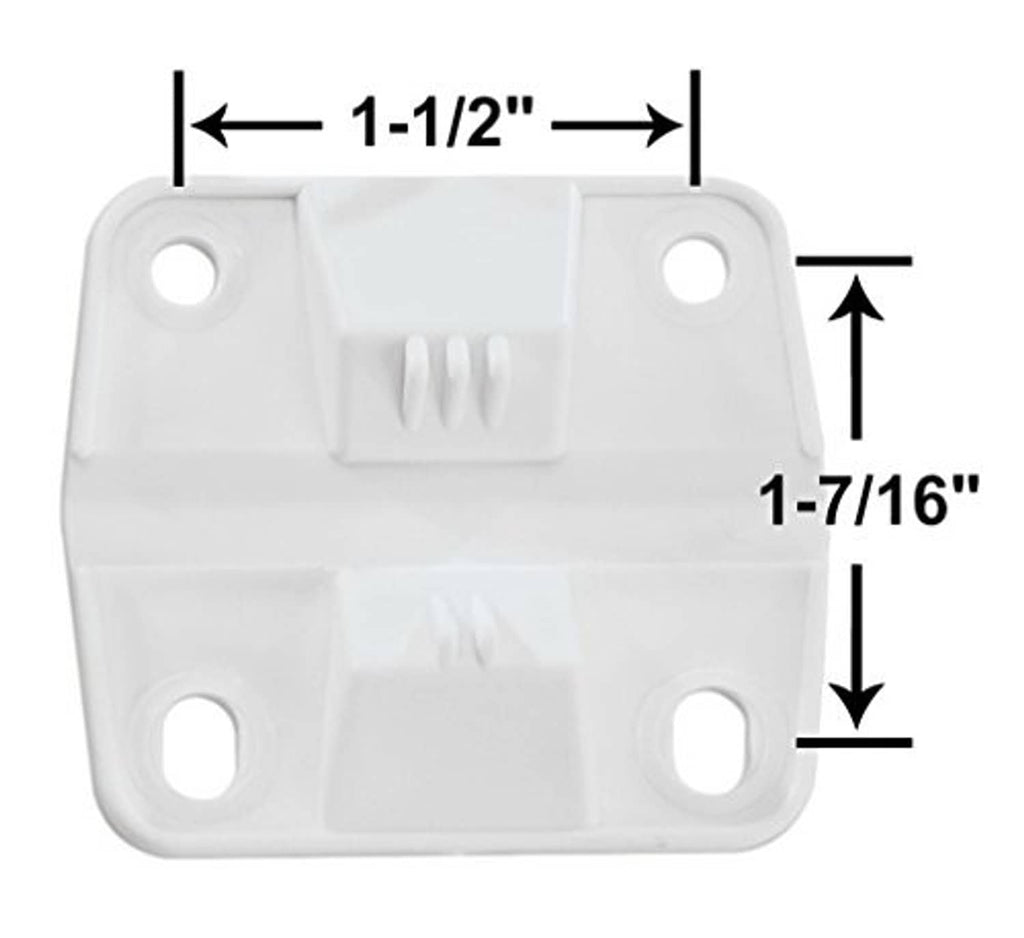White plastic hinge bracket with four screw holes and central raised latch