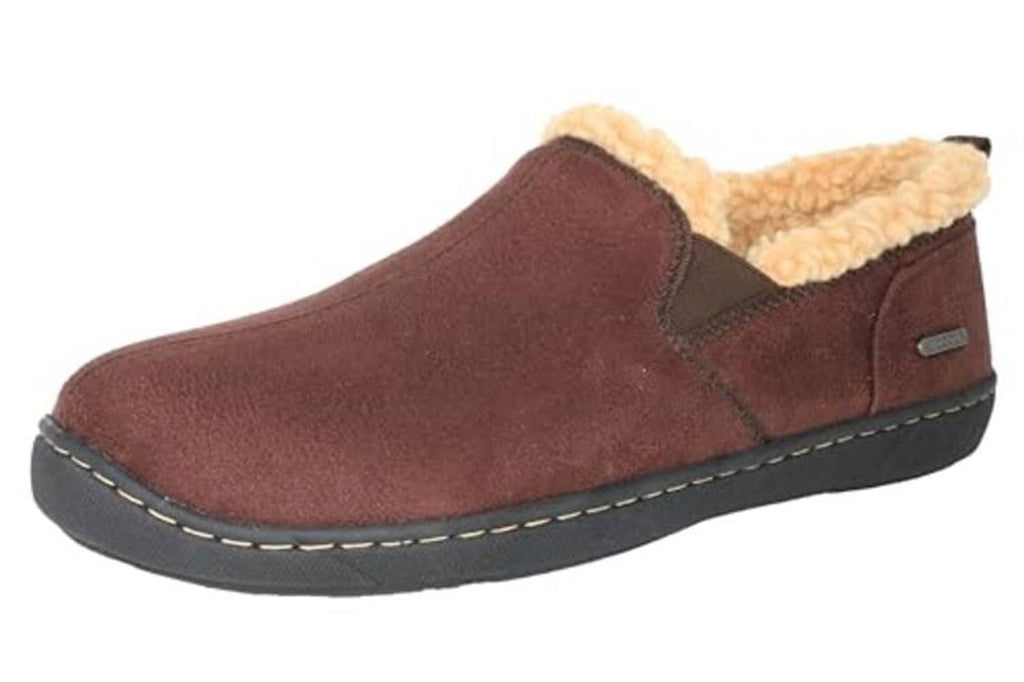 Burgundy slip-on slippers with tan lining, side tab detail, and contrast stitched trim