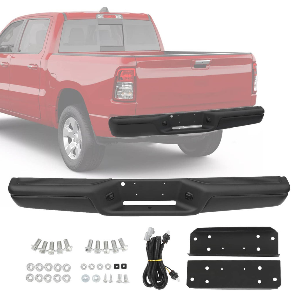 Black rear step bumper assembly with mounting holes and textured anti-slip pads