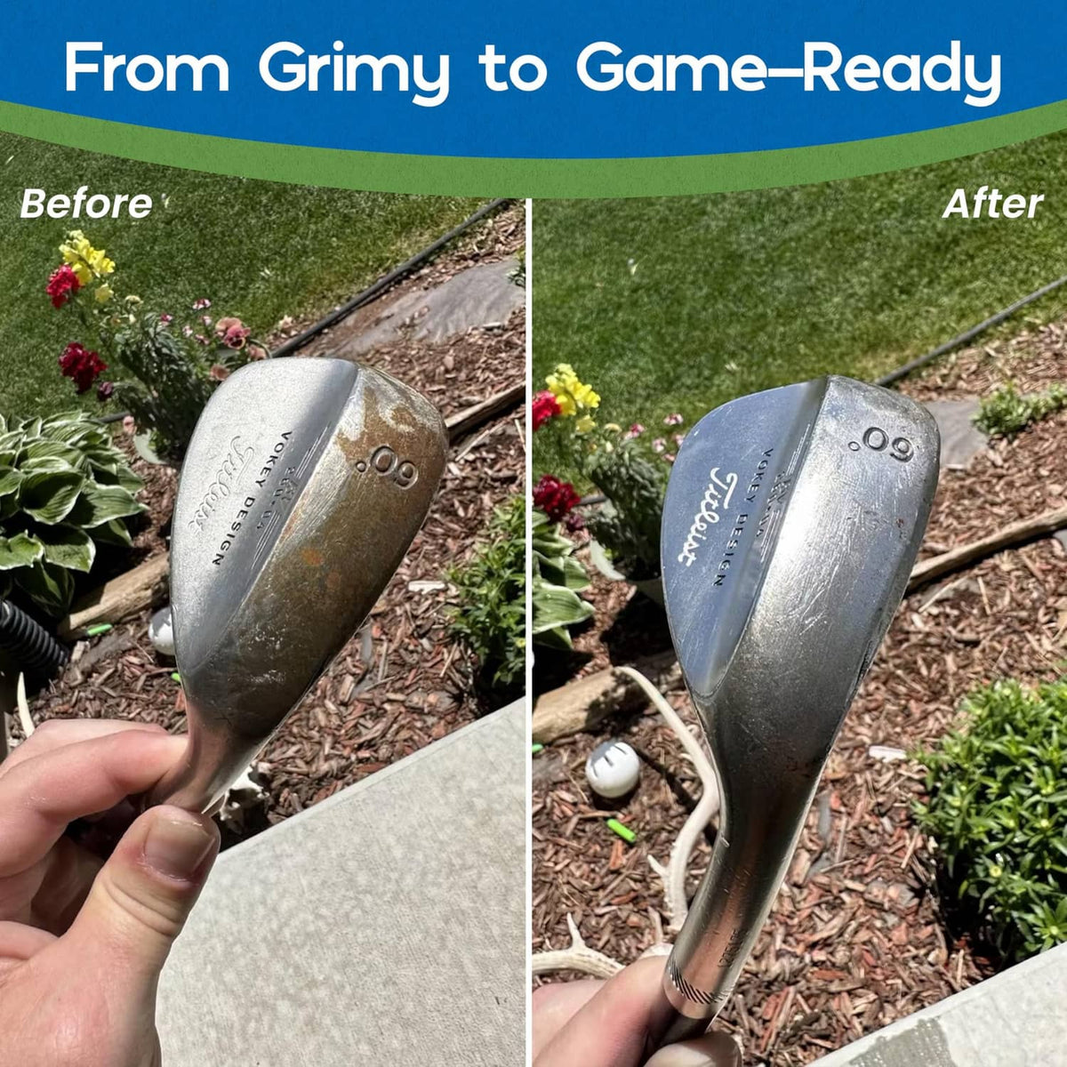Golf club head polishing shown with two club faces, before-and-after on the course.