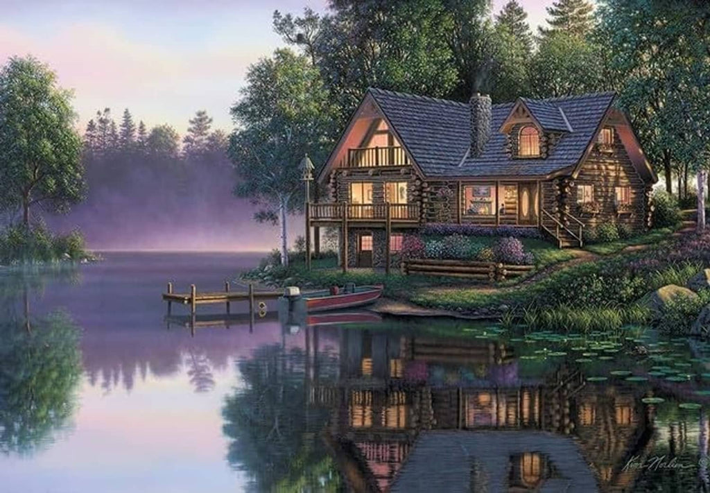 Paint by number landscape canvas featuring a cabin reflected in still lake water