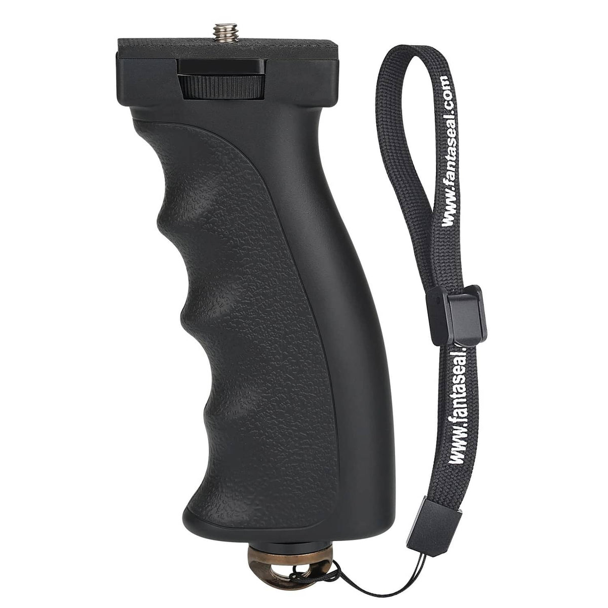 Black textured camera grip with top mount and wrist strap