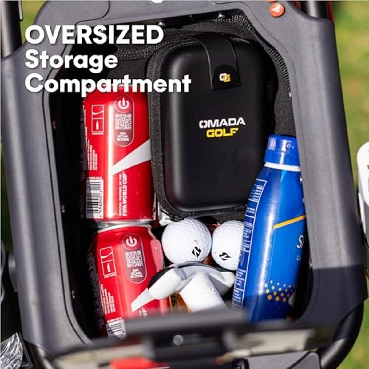 Golf push cart oversized storage compartment with bottles and a protective organizer pouch