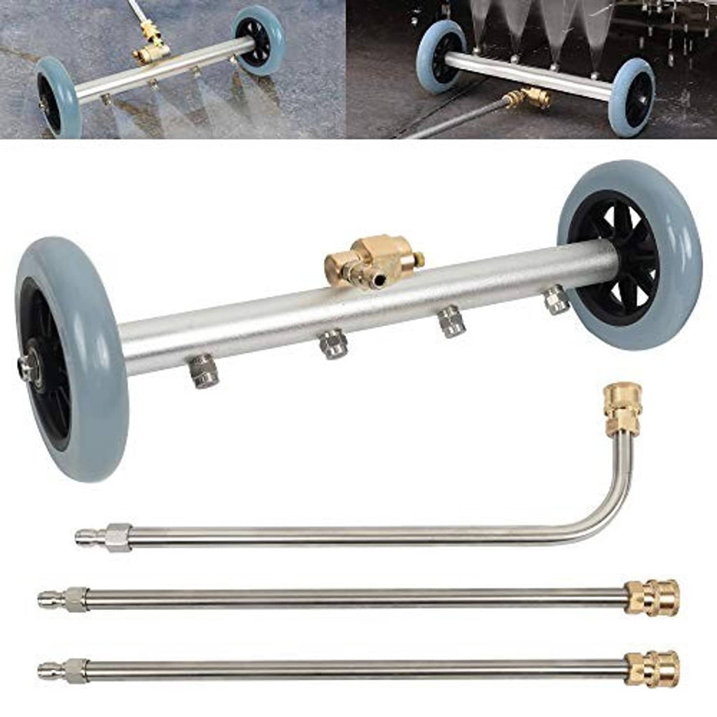 Undercarriage cleaner bar with blue wheels, brass pivot coupler, and extension wand pieces