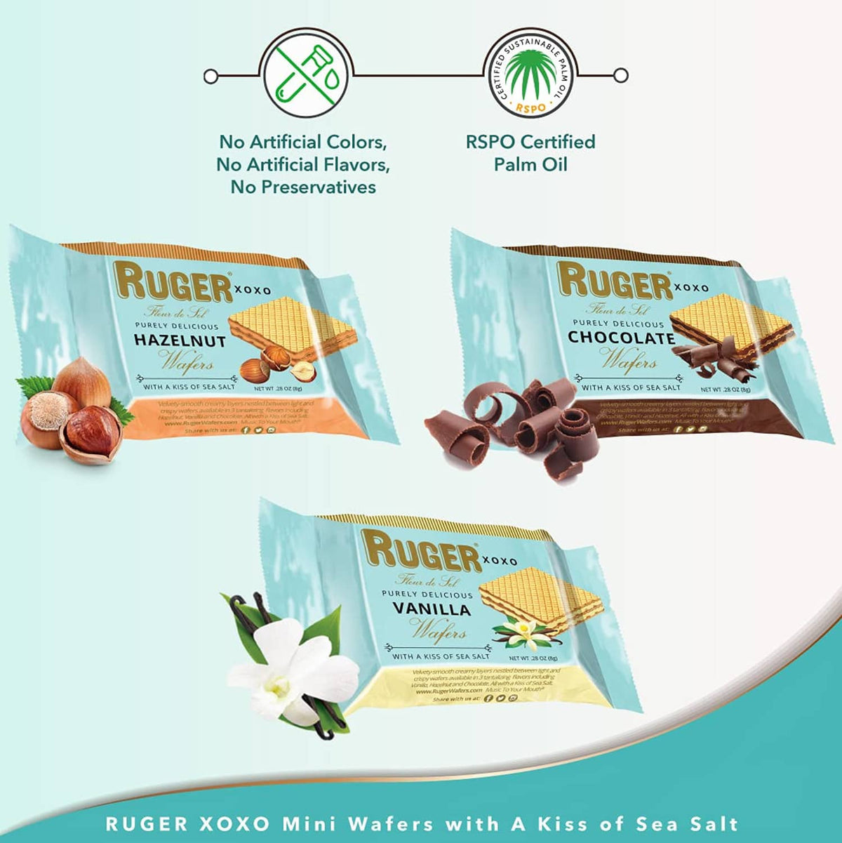 Three RUGER XOXO mini wafer packets with hazelnut, chocolate, and vanilla flavors