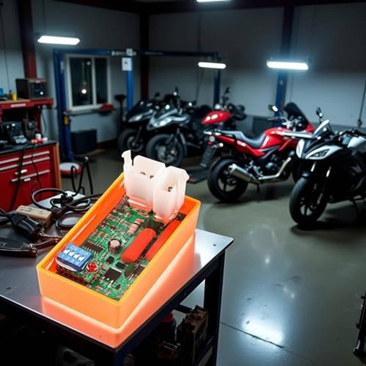 5-pin AC CDI ignition box on workbench, orange housing, green PCB, white multi-pin connector