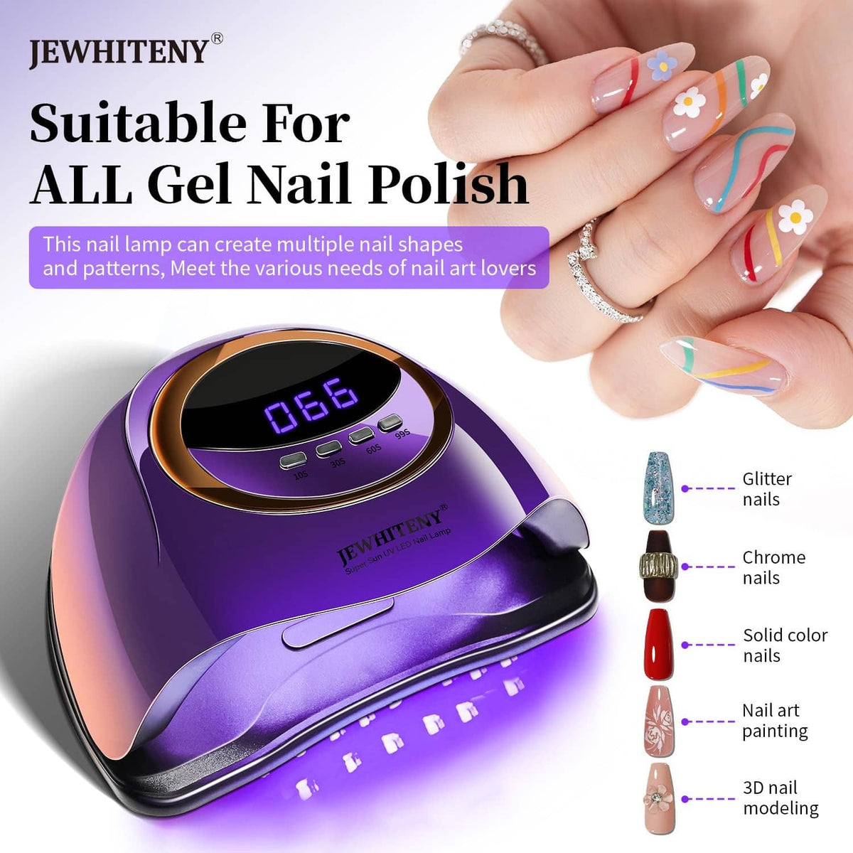 Purple UV LED nail lamp with hand nails during gel polish curing