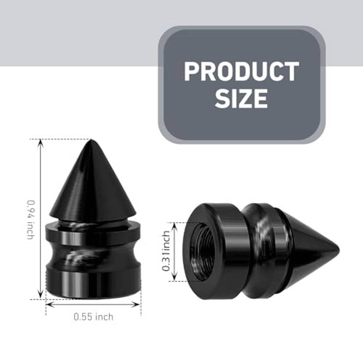 Black spike tire valve cap with cone top and threaded side opening