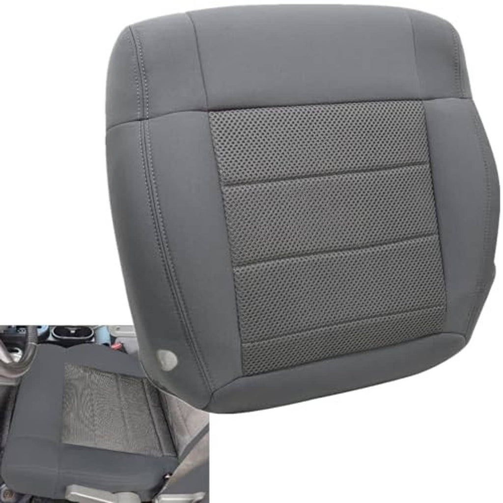 Gray driver-side bottom seat cover close-up with textured mesh center and stitched edges