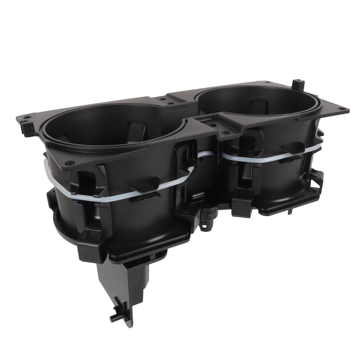 Dual cup holder module with two round openings and internal support tabs, black