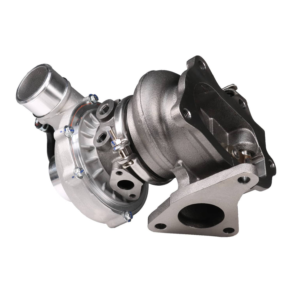 Turbocharger assembly with silver compressor housing and dark turbine housing, angled view