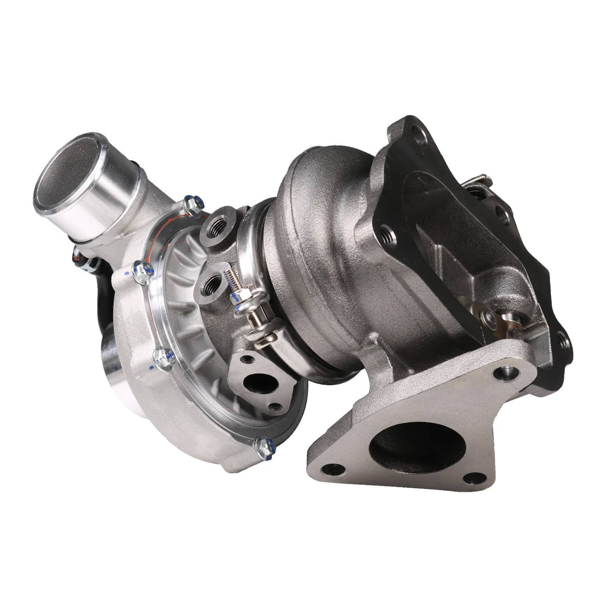 Turbocharger assembly with silver compressor housing and dark turbine housing, angled view