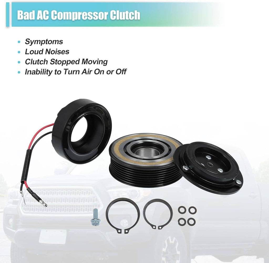 AC compressor clutch kit set with black pulley, clutch plate, coil, and ring seals