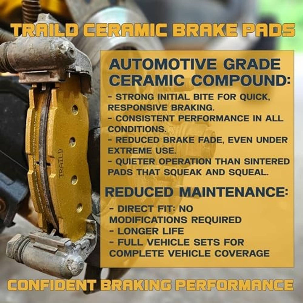 Ceramic brake pad set concept showing dark pads on a brake caliper