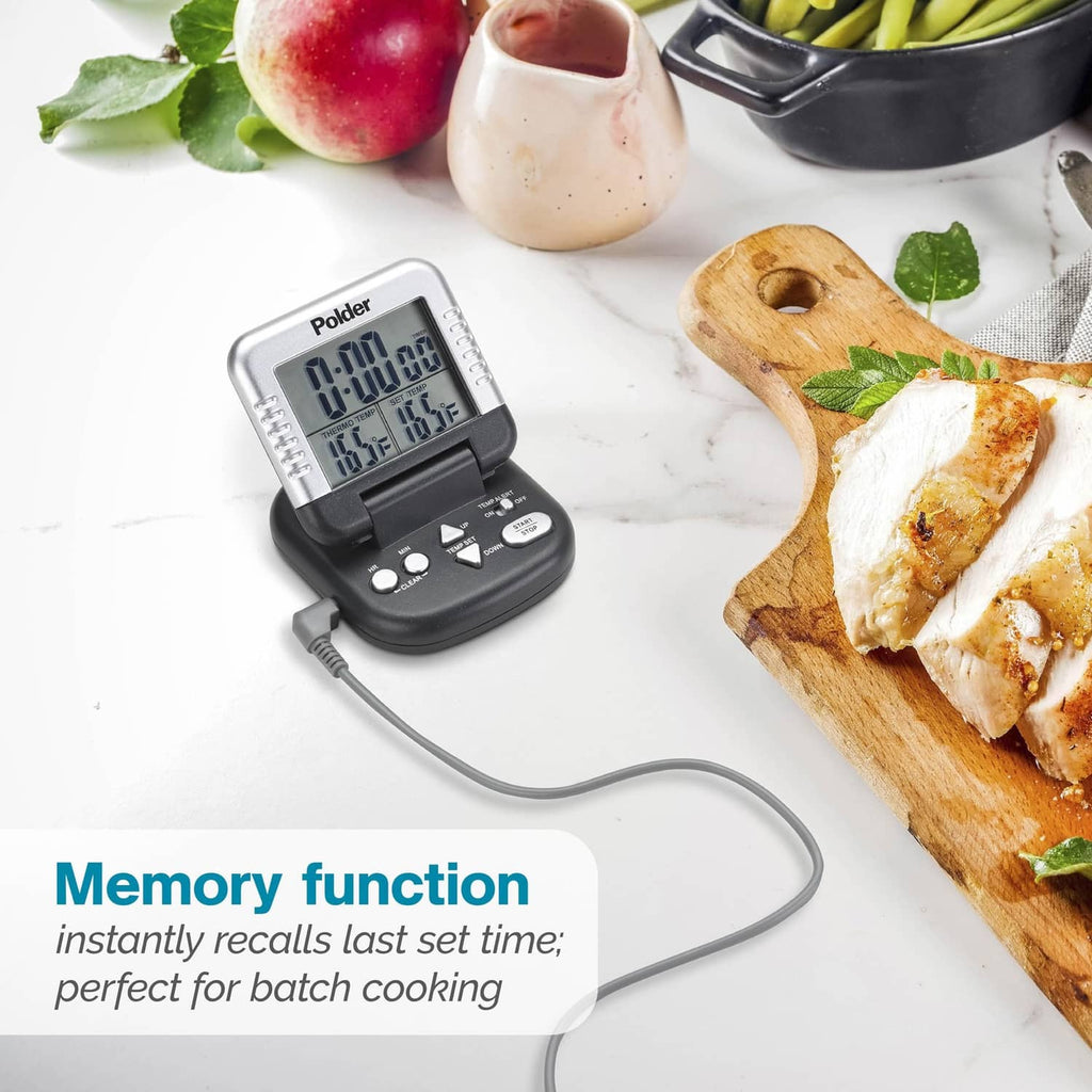 Polder digital meat thermometer with probe and timer controls, placed for cooking use