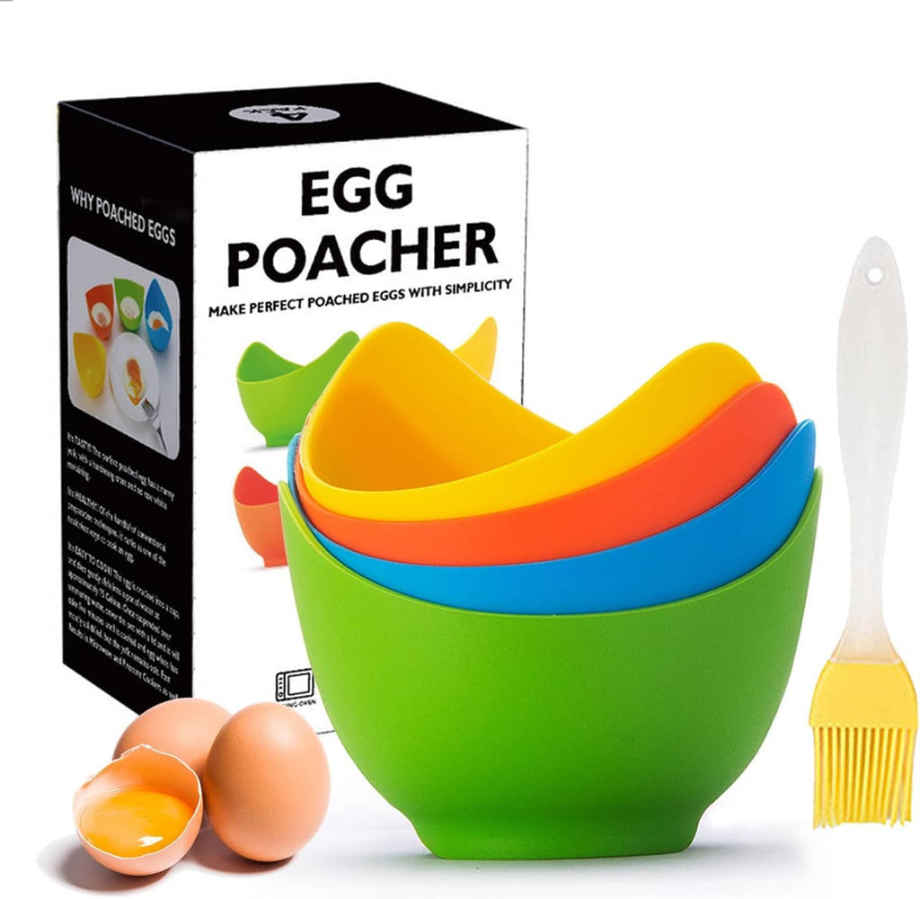 Silicone egg poacher cups set in green, yellow, orange, blue, with egg brush and box