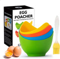 Silicone egg poacher cups set in green, yellow, orange, blue, with egg brush and box