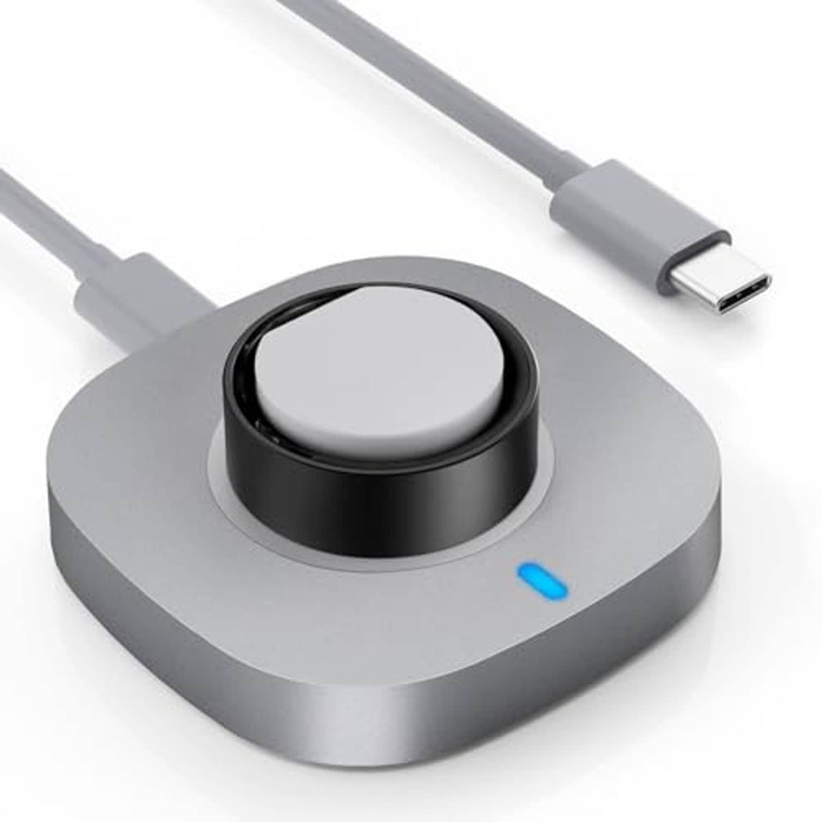Gray charging dock with black cradle and blue LED, connected to USB-C cable