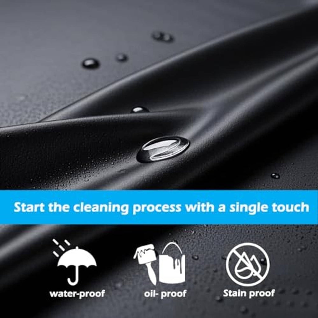 Black waterproof apron surface with visible water droplets on glossy rubber vinyl material.