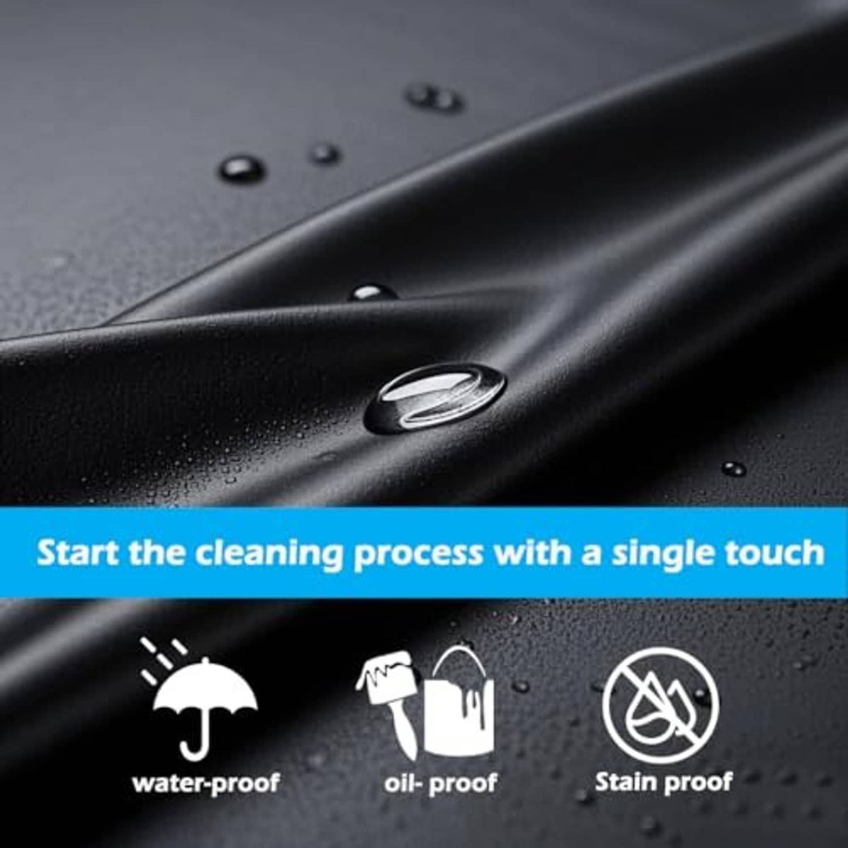 Black waterproof apron surface with visible water droplets on glossy rubber vinyl material.