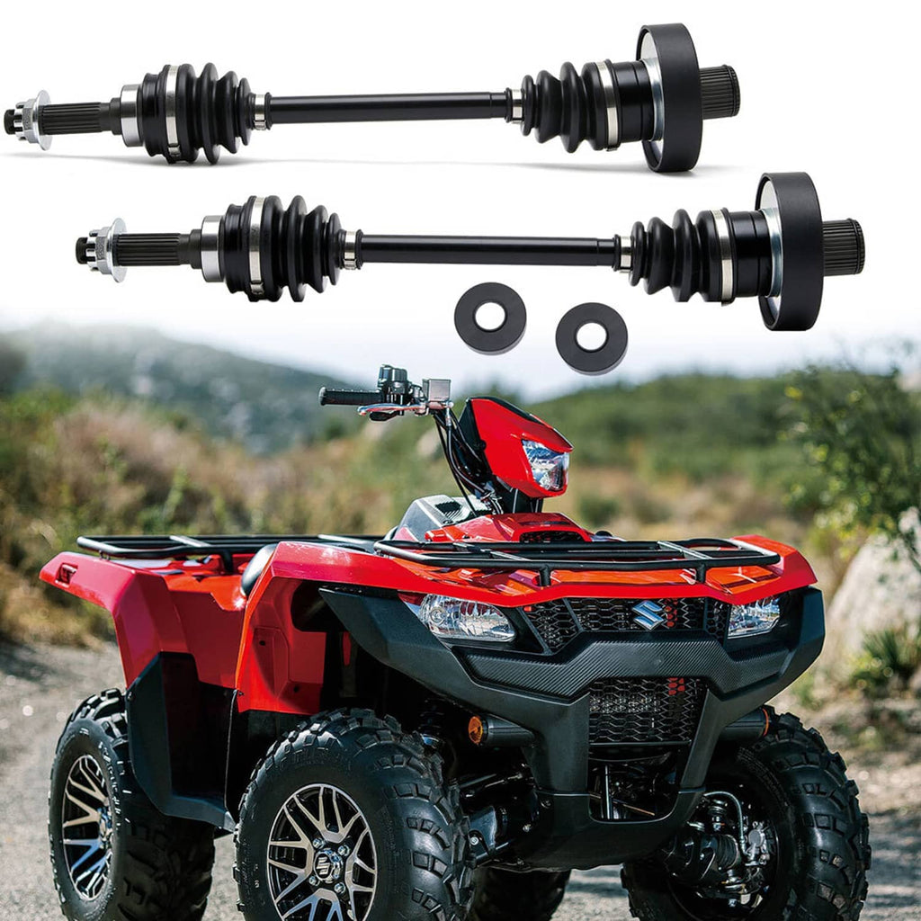 Pair of black CV axle drive shafts with rubber boots and metal splined ends