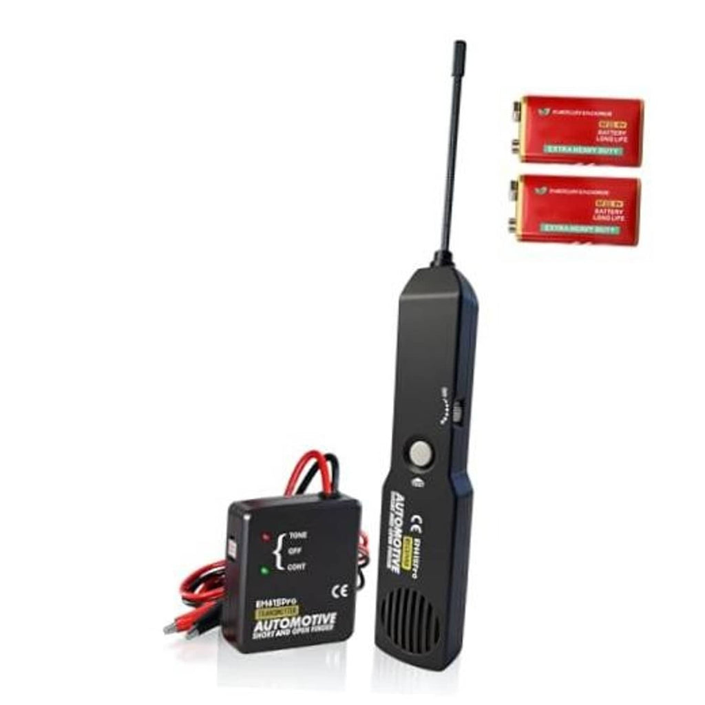 Automotive wire tracer receiver with long probe antenna and red battery pack