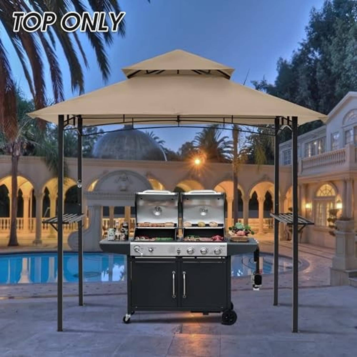 Beige gazebo replacement canopy top over outdoor grill with black steel frame