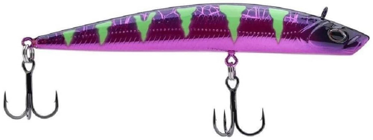 Berkley fishing glide bait lure, purple with green and yellow stripes, triple treble hooks