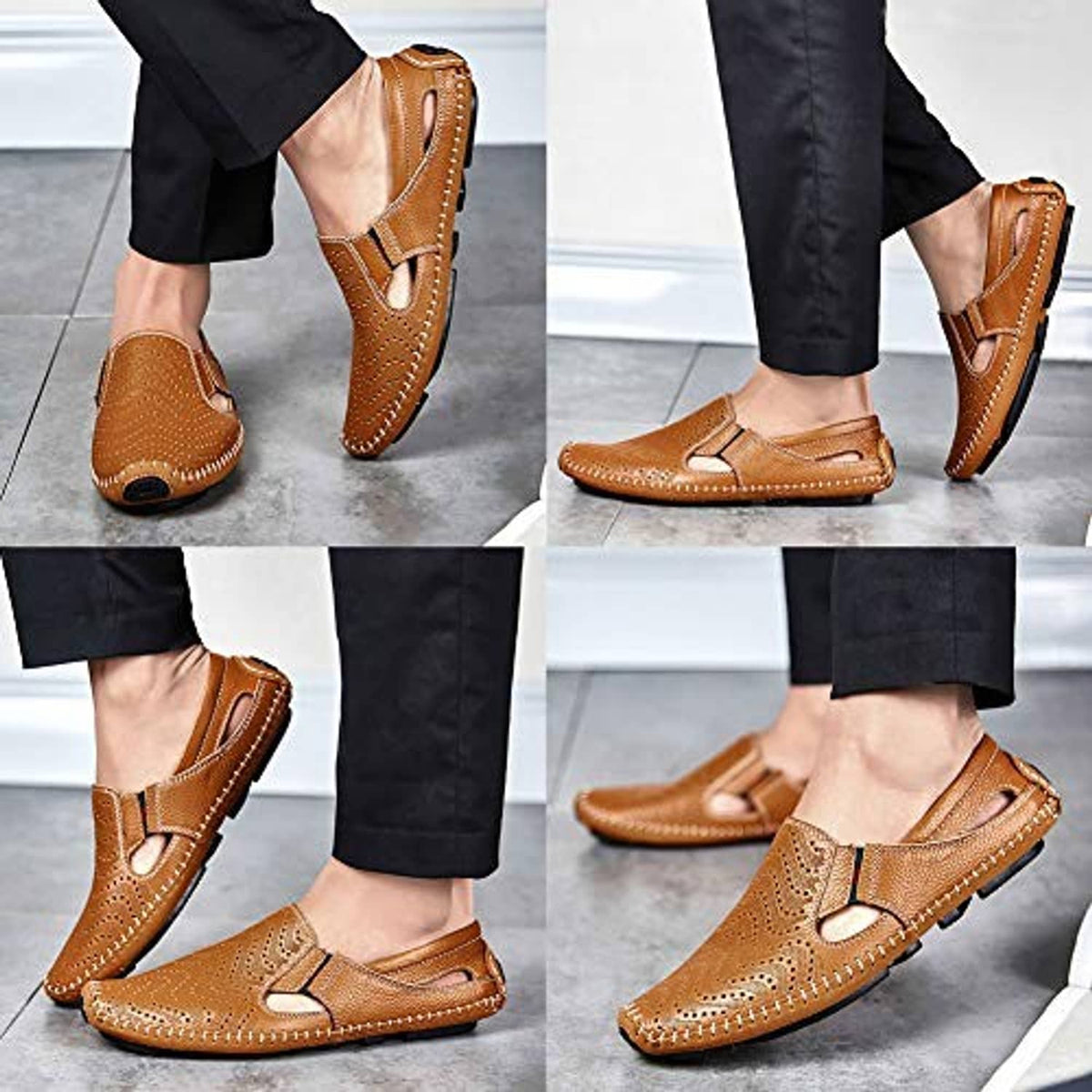 Tan brown leather slip-on loafers on feet, perforated upper and flexible sole