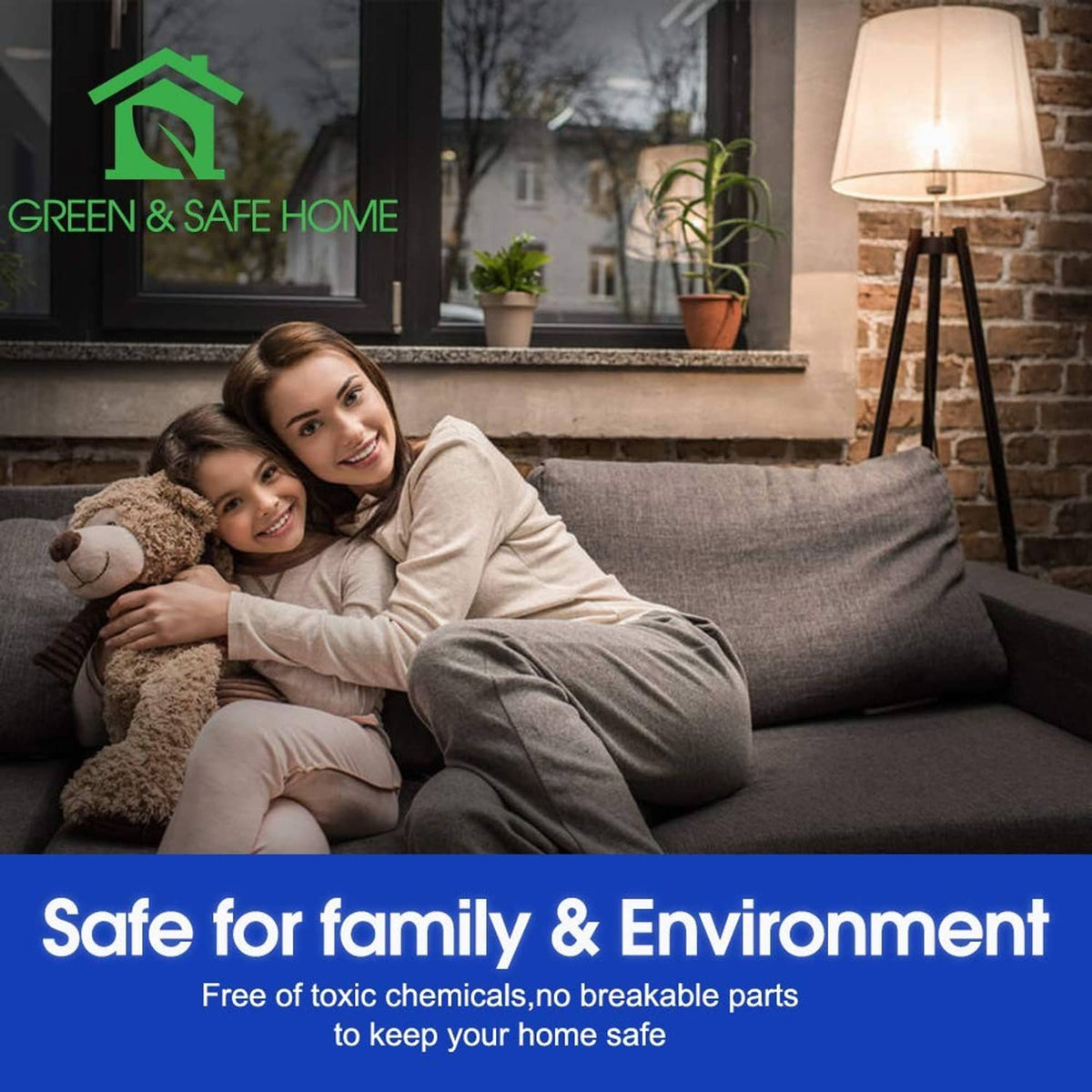 Living room scene with couch and lamp; family sitting on sofa