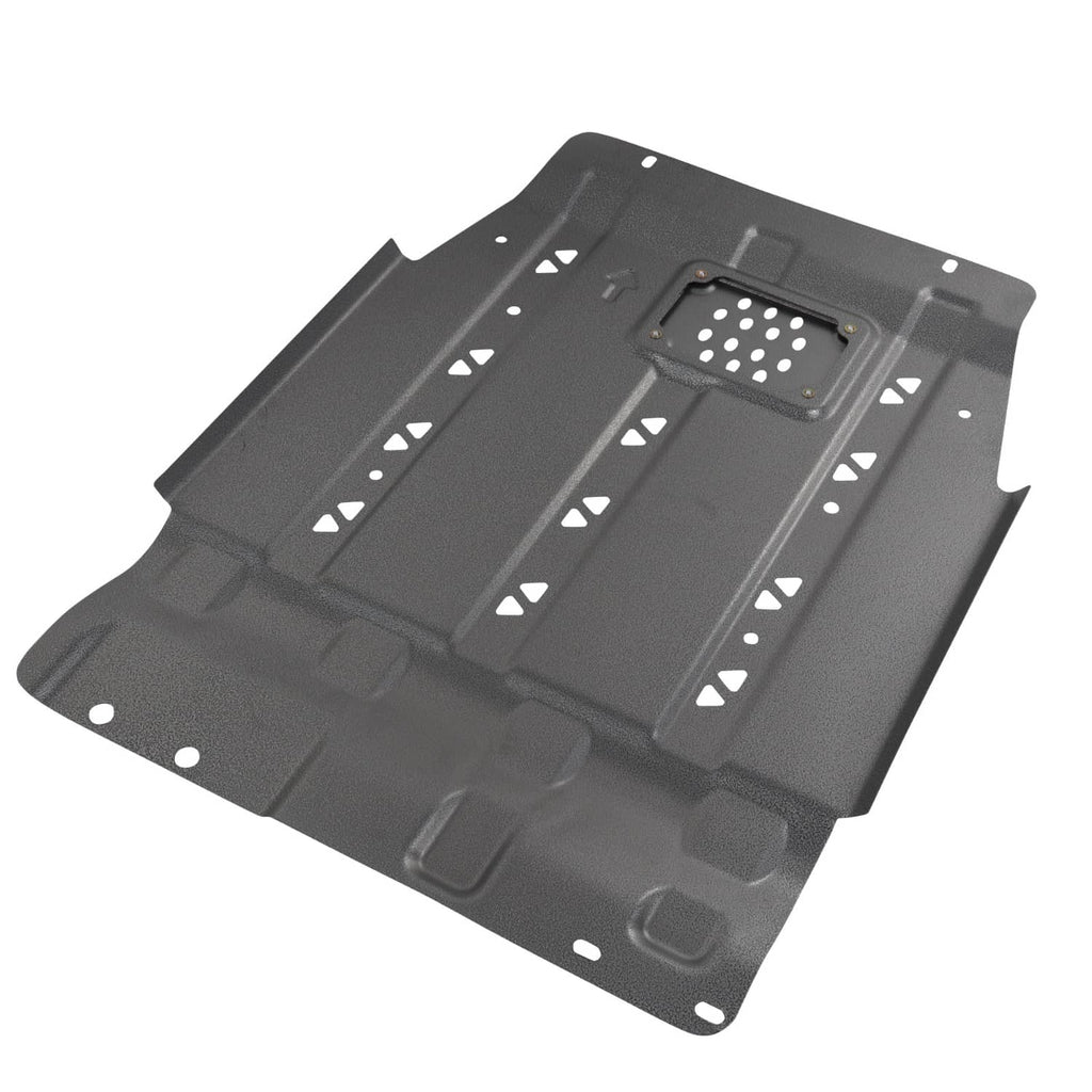 Black metal transmission skid plate with rectangular access panel and vent cutouts