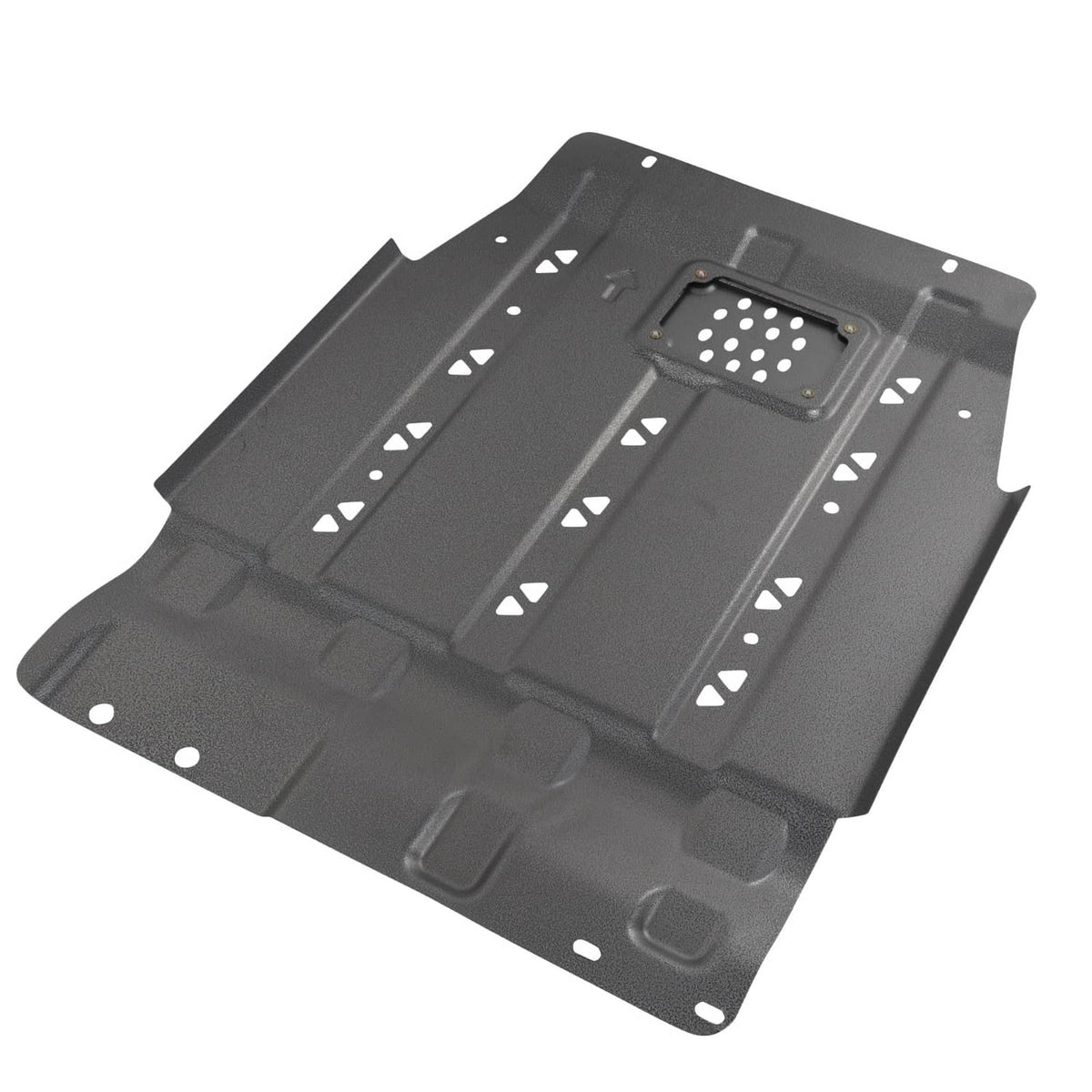 Black metal transmission skid plate with rectangular access panel and vent cutouts