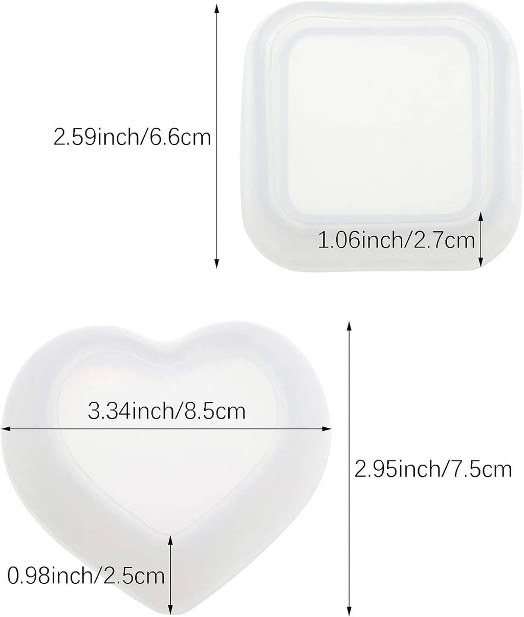 Heart-shaped resin mold bowl and square resin tray shown with size measurements