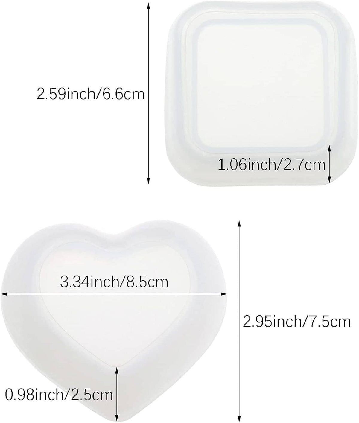 Heart-shaped resin mold bowl and square resin tray shown with size measurements