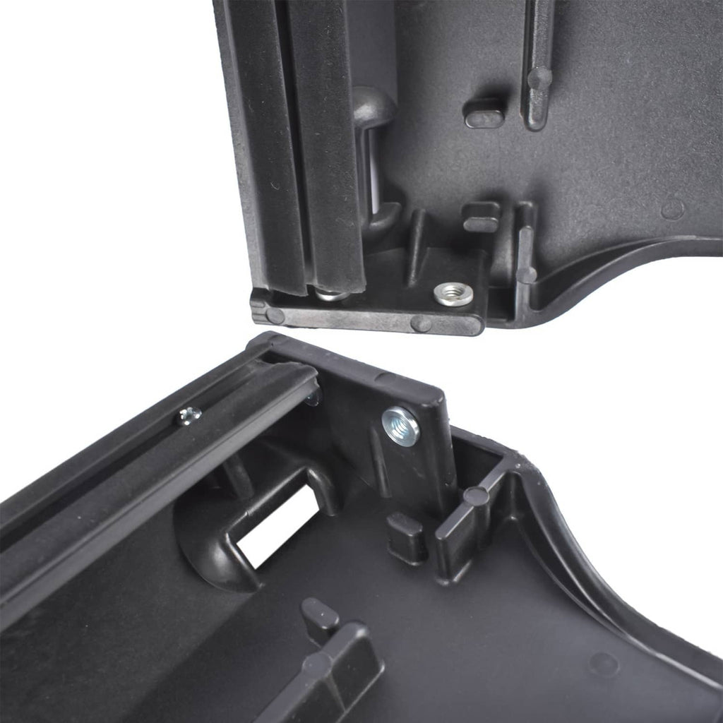Close-up dark gray interior door handle base with circular mounts and latch slot