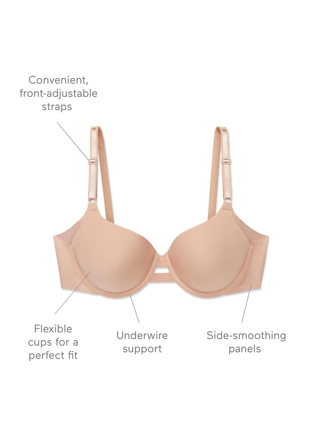 Blush underwire bra with flexible cups, adjustable straps, and side-smoothing panels