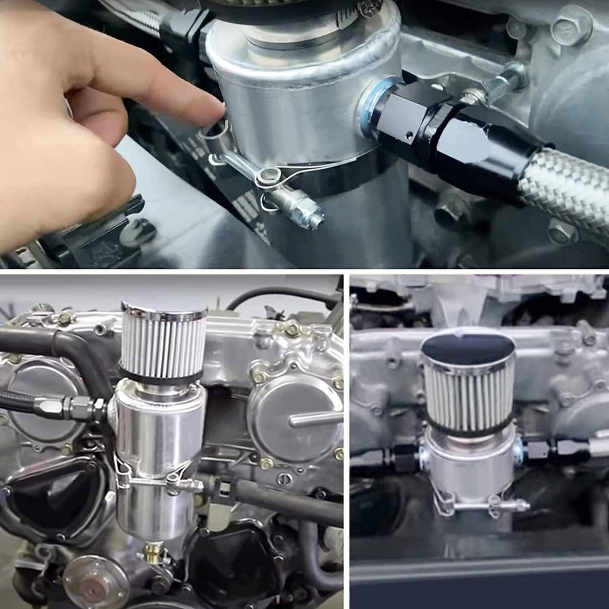 Oil catch can assembly with breather filter mounted on engine bay