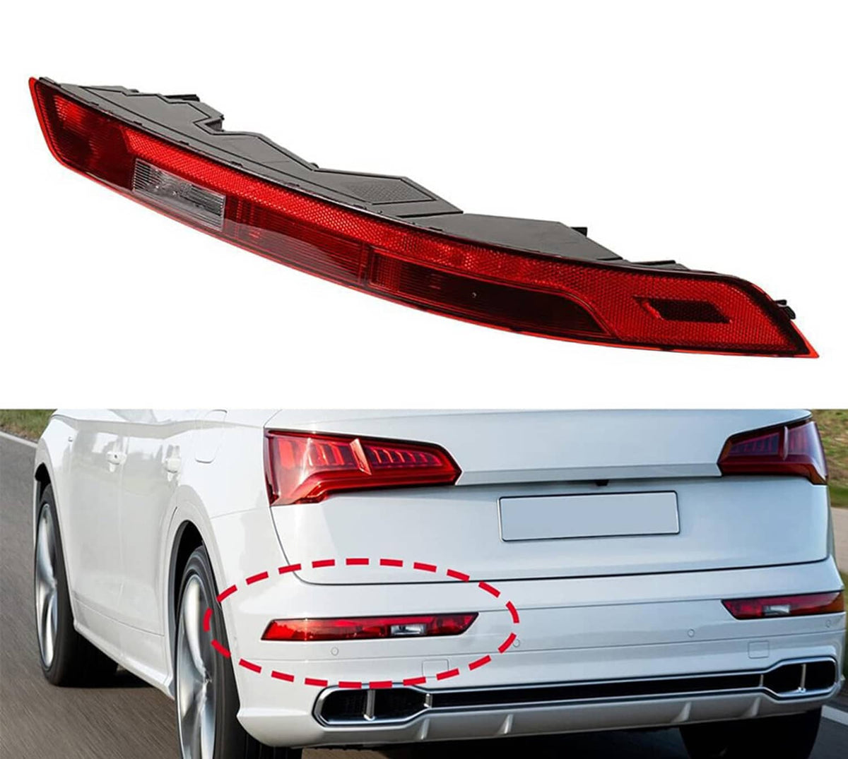 Left rear bumper fog brake lamp with red lens and clear reflector strip on black housing
