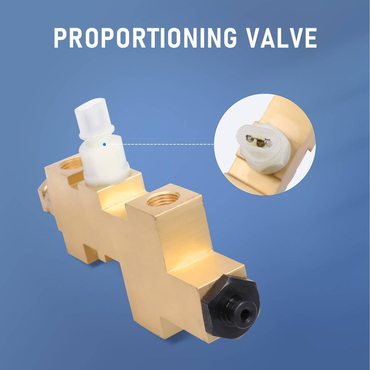 Brass proportioning valve with white sensor-like connector and black outlet port