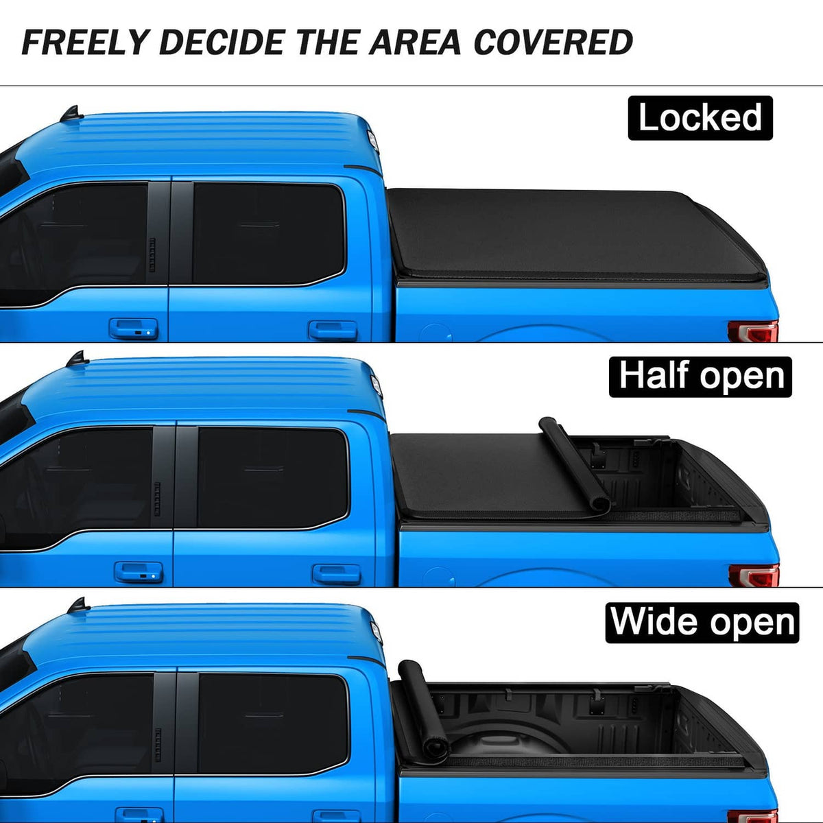 Soft tonneau cover shown in locked, half-open, and wide-open positions