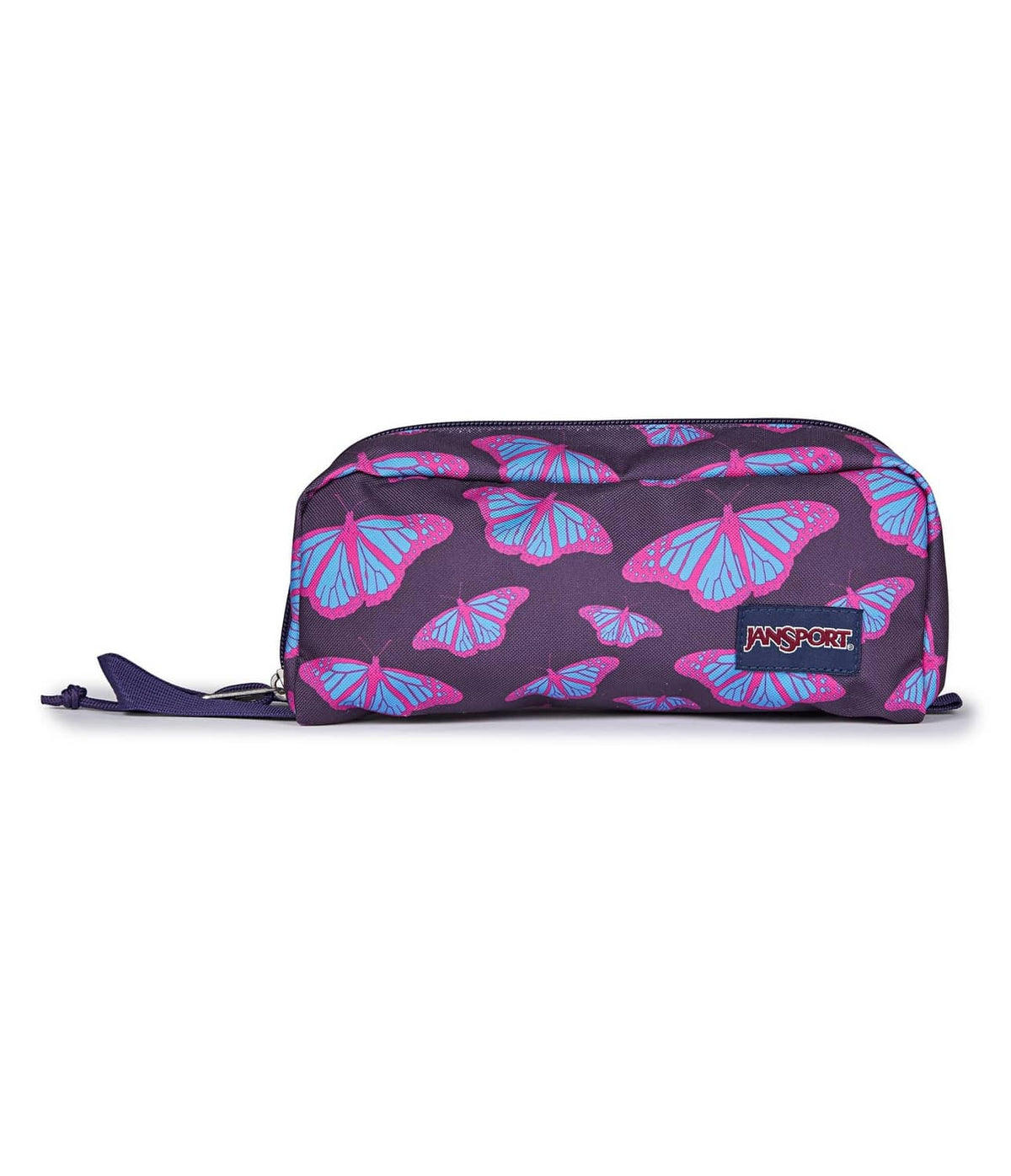 Purple patterned toiletry pouch with zipper and JanSport logo patch