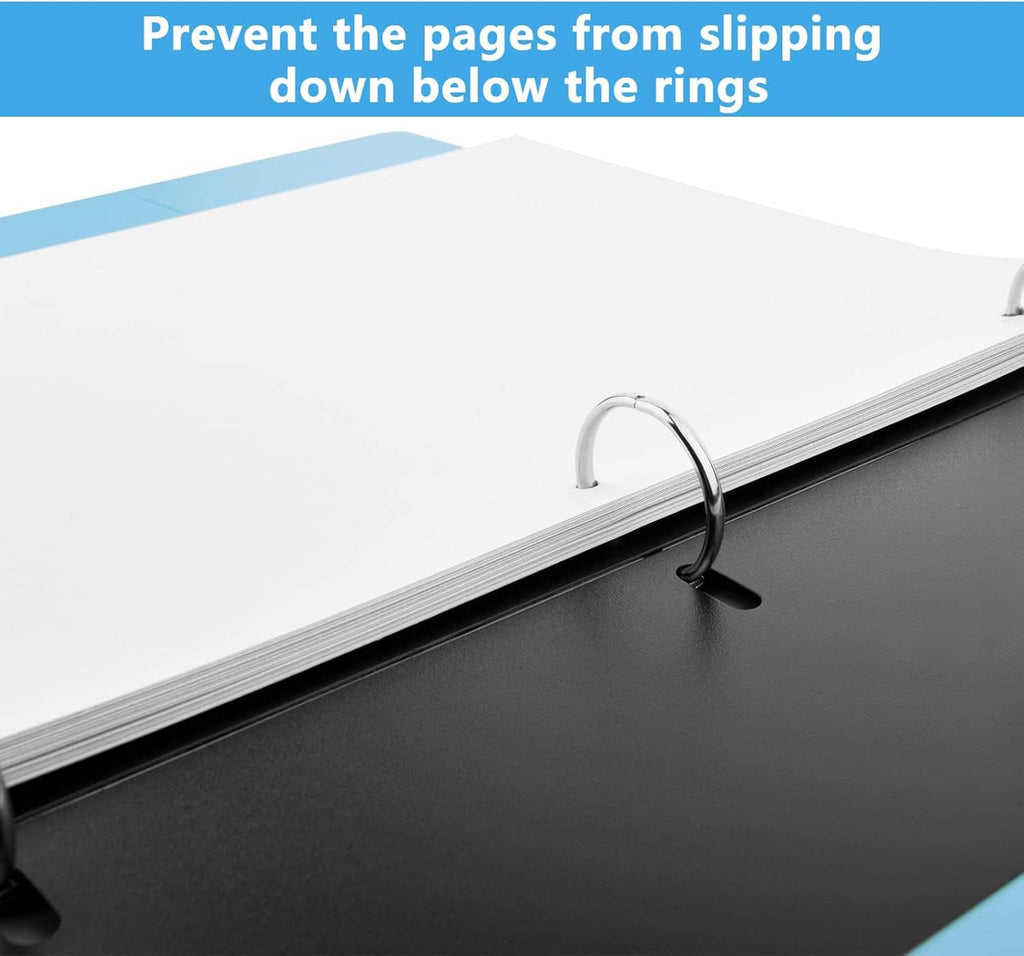Black binder plate with metal ring holding a paper edge above the binder