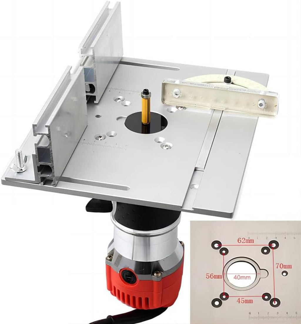 Aluminum router table insert plate with black router collet opening and guide rails