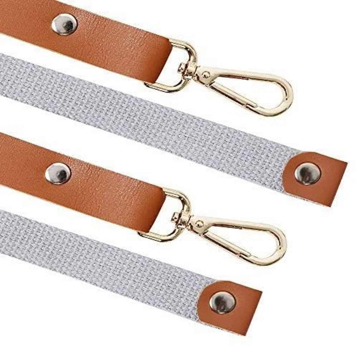 Brown leather strap tabs with silver snap buttons and gold-toned metal hooks