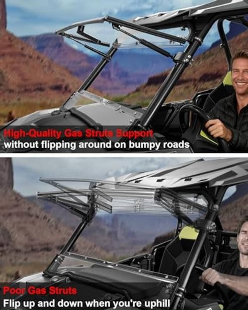 Flip-up UTV windshield propped open with gas strut support on side-by-side