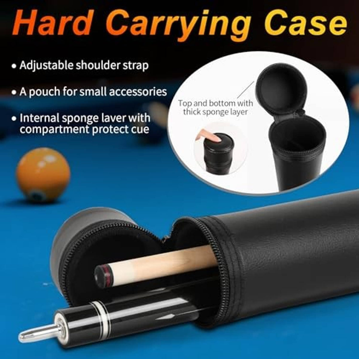 Black hard carrying case with zipper and padded interior for pool cue storage