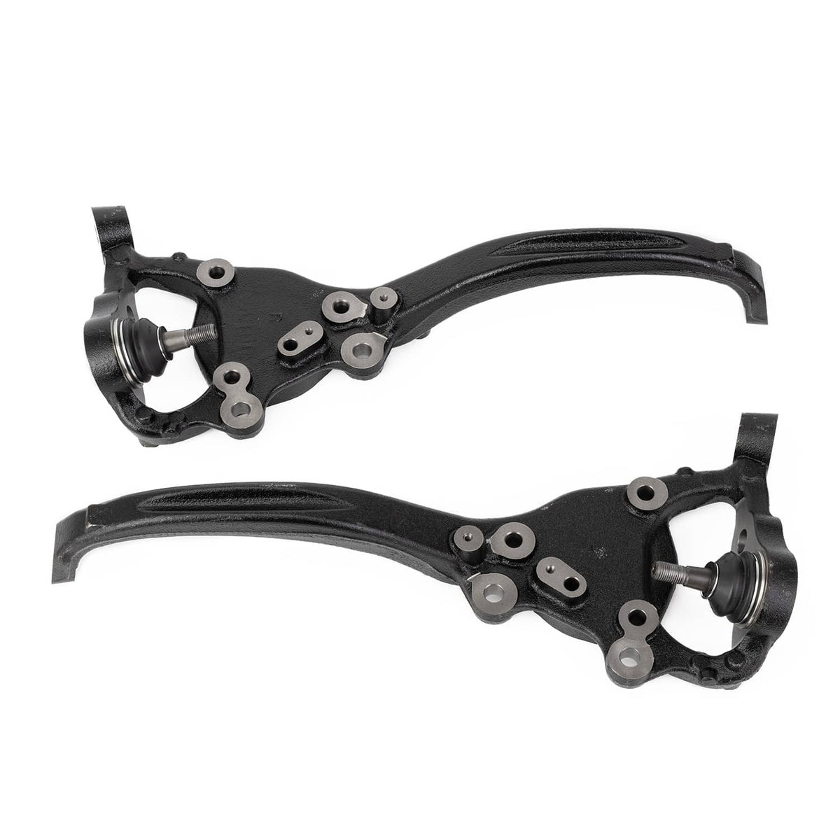 Front steering knuckle assembly set with curved black arms and wheel hub mounts