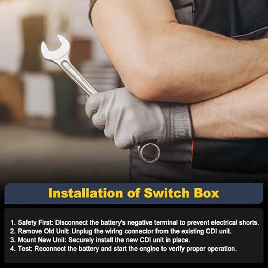 Technician installing ignition CDI unit: gloved hand and wrench near connector ring terminal.