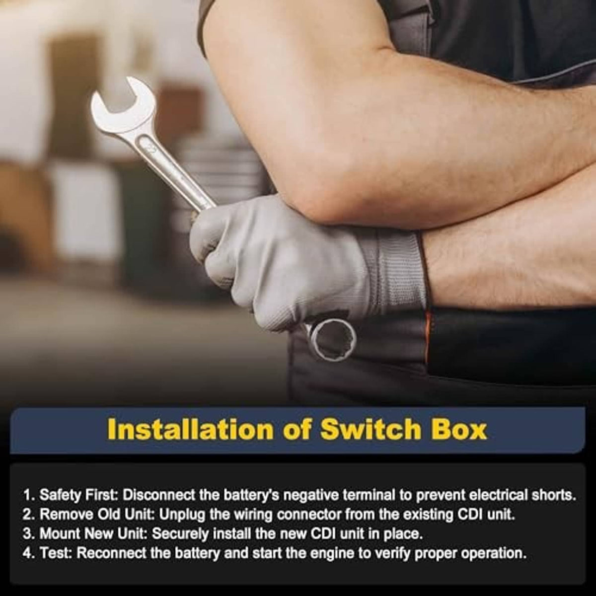 Technician installing ignition CDI unit: gloved hand and wrench near connector ring terminal.